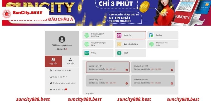 Nạp tiền suncity qua ví Momo đơn giản 